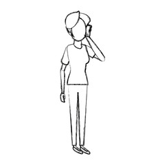 cartoon woman talking smartphone standing people