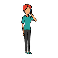 cartoon woman talking smartphone standing people