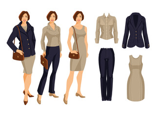 Fototapeta premium Vector illustration of corporate dress code. Variations look with blue suit, beige dress and blouse, Young women in formal clothes