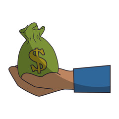 hand holding a money sack icon over white background vector illustration