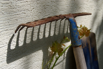 Rusty garden rake on wall