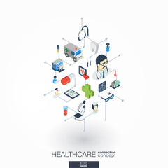 Healthcare, integrated 3d web icons. Digital network isometric interact concept. Connected graphic design dot and line system. Abstract background for medicine and medical service. Vector on white.