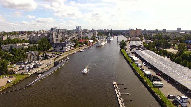Tourist boat on the river of Kaliningrad, aerial view