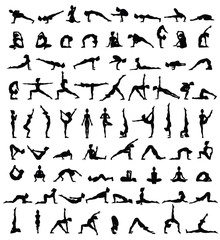 Women silhouettes. Collection of yoga poses. Asana set. - obrazy, fototapety, plakaty
