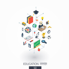 Education integrated 3d web icons. Digital network isometric interact concept. Connected graphic design dot and line system. Abstract background for elearning, graduation and school. Vector on white.