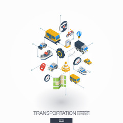 Transportation integrated 3d web icons. Digital network isometric interact concept. Connected graphic design dot and line system. Abstract background for traffic, navigation service. Vector on white.