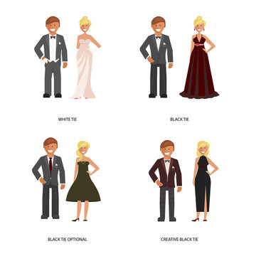 Black And White Tie Dress Code. Man And Woman In Smart Casual Style Suits Isolated On White Background. Vector Illustration Of People In Formal Clothes.