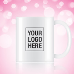 White vector coffee mug template isolated on a pink bokeh background. Vector mug mockup for your logo design.