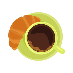 Cup of Coffee with croissant top view. Template of banner and poster. Vector illustration eps 10
