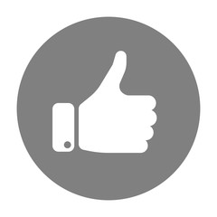 White hand silhouette with thumb up in grey circle. Gesture of like, agree, yes, approval or encouragement. Simple flat vector illustration.