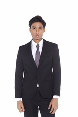Asian Look Tan Skin Business Man in Black Suit Pant Shoe necktie, studio lighting white background isolated, half body fashion pose show both hands