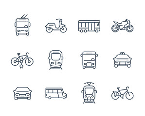 City transport icons, transit van, cab, bus, taxi, train, bikes, linear style