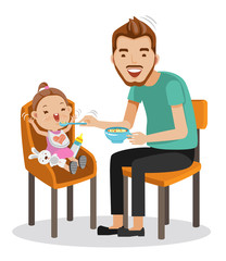 Baby Eating  Father is feeding Little daughter. baby sitting in the highchair.  vector graphics creative and versatile  to use as illustrations for print, web, interactive,Isolated on white background