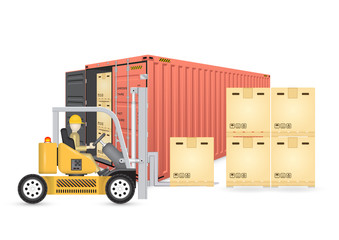 Vector of operator, driver or worker to handling box on pallet into storage or cargo container by forklift, equipment for logistic, shipping and delivery. Freight transport and distribution industry.