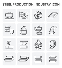 Steel production industry, manufacturing and metallurgy vector icon with mining and machine equipment i.e. production line, furnace, foundry. Include process of smelting, casting and making product.