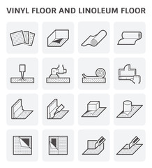 Vinyl or linoleum floor installation for home vector icon. Covering wrap floor by grinding repair and construction. Include material i.e. glue, sealant, baseboard, roll and sample of texture pattern.