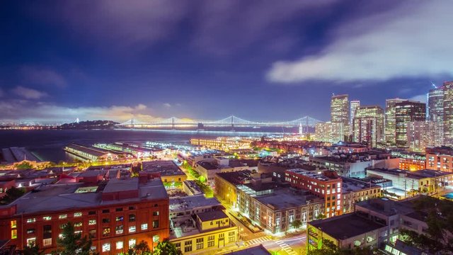 Time Lapse - Panoramic Night View of Downtown San Francisco With Bay Bridge - 4K