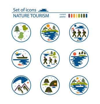 Vectorial clip art style flat design.Fisherman in a boat, types of nature: mountains, forest, meadow, coniferous forest, field, sea, lake. Group of tourists, camping, tents, fire. Vector image
