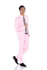 Pink Suit pants black shoe Businessman walk over, studio lighting white background isolated