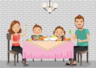 Family meal.Father, mother,son and daughter together happily sit at the table and have dinner.Standard vector graphics creative for you to use as illustrations. Cartoon for print.Isolated  background