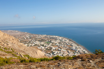 Aerial view town Perissa to Kamari in Santorini Greece