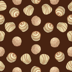 Chocolate candies. White chocolate. Seamless pattern.The dark brown background.  Design for textiles, napkins, tapestries, tablecloths, wrapping paper