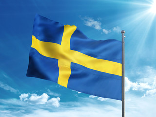 Sweden flag waving in the blue sky