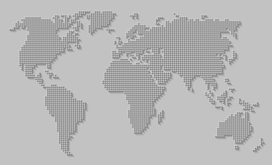 Abstract world map of dots / circles with long shadow on gray background. Illustration