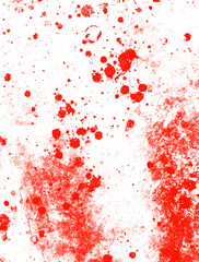 Blood splatter, red acrylic paint splash isolated on wall background texture grunge. Blood splash, spray. Abstract blood decoration. Murder and killing. Close up.