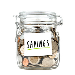 Savings money box coins thai baht with empty white stick note paper isolated on white background. Jar for savings full of coins. Piggy bank for saving money template for text. Close up. Front view.