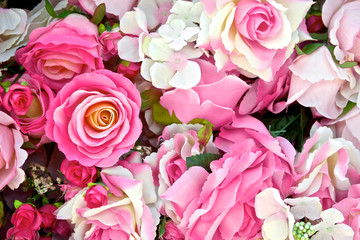 Close up of pink rose background. Roses flower bouquet. For lover or sweetheart of Valentine's Day. Top view.