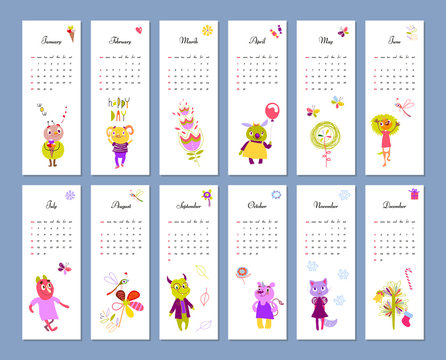 Monthly kids calendar 2018 with funny monsters. Concept, vector vertical editable template. 