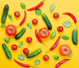 Chili pepper and tomatoes with cucumbers