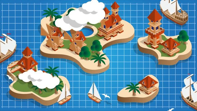 The medieval landscape of the islands. Isometric. Animation.