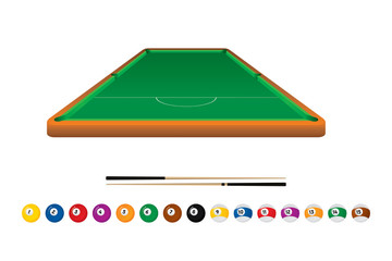 Vector of green snooker table with balls and wood cue.