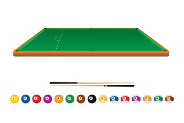 Vector of green snooker table with balls and wood cue.