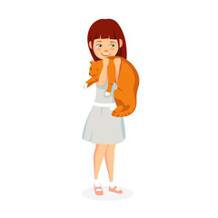 Little girl with pet red cat vector illustration