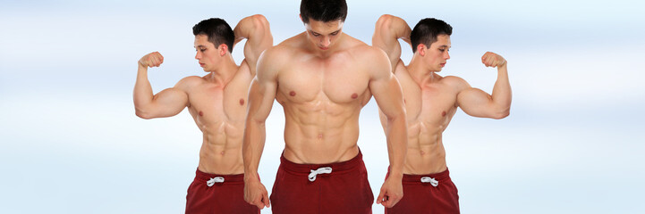 Fototapeta na wymiar Bodybuilder Bodybuilding Bizeps Bauchmuskeln Sixpack Textfreiraum anspannen posen Muskeln muskulös