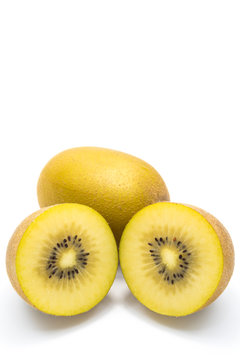 Slice Sun gold kiwi fruit on white background