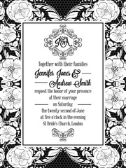 Elegant floral swirls, lacy pattern ornate frame, monogram and place for text. Wedding invitation in classical formal style in black and white with flowers and intricate tracery decoration