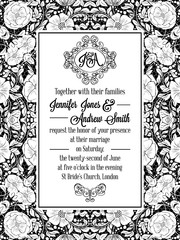 Elegant floral swirls, lacy pattern ornate frame, monogram and place for text. Wedding invitation in classical formal style in black and white with flowers and intricate tracery decoration