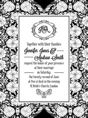 Elegant floral swirls, lacy pattern ornate frame, monogram and place for text. Wedding invitation in classical formal style in black and white with flowers and intricate tracery decoration