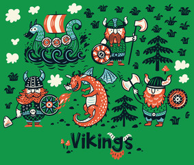 Fototapeta premium Nordic collection with vikings, dragon and ship in cartoon style