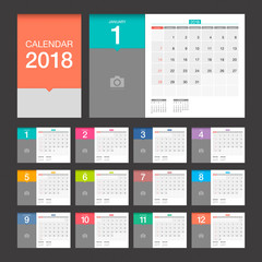 2018 Calendar. Desk Calendar modern design template with place for photo. Week starts Sunday. Vector illustration.