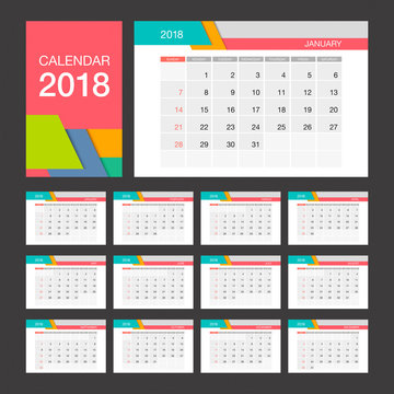 2018 Calendar. Desk Calendar modern design template. Week starts Sunday. Vector illustration.