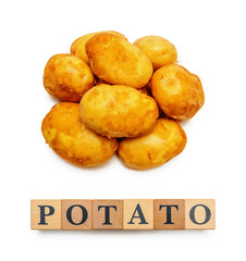 Potatoes and wooden blocks with text Potato isolated on white