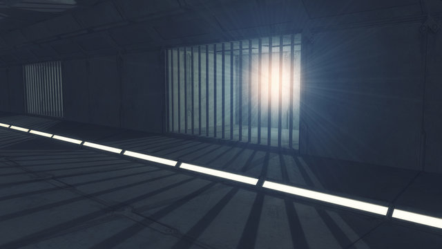 3d render. Futuristic jail corridor