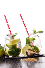 Lemon Fruit Lime Caipirinha of Brazil on grey vintage background