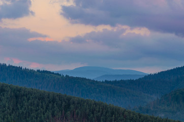 Naklejka na ściany i meble Ukrainian carpathian mountains landscape during the sunset