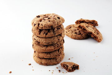 Chocolate chip cookie on white, homemade bakery concept